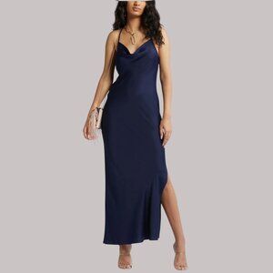 Satin Cowl Neck Maxi Slip Dress in Navy